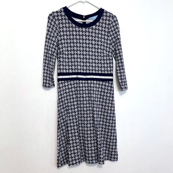 DRAPER JAMES Honeycomb Floral Dress Navy Blue White 3/4 Sleeve Fit & Flare Dress - Picture 2 of 16